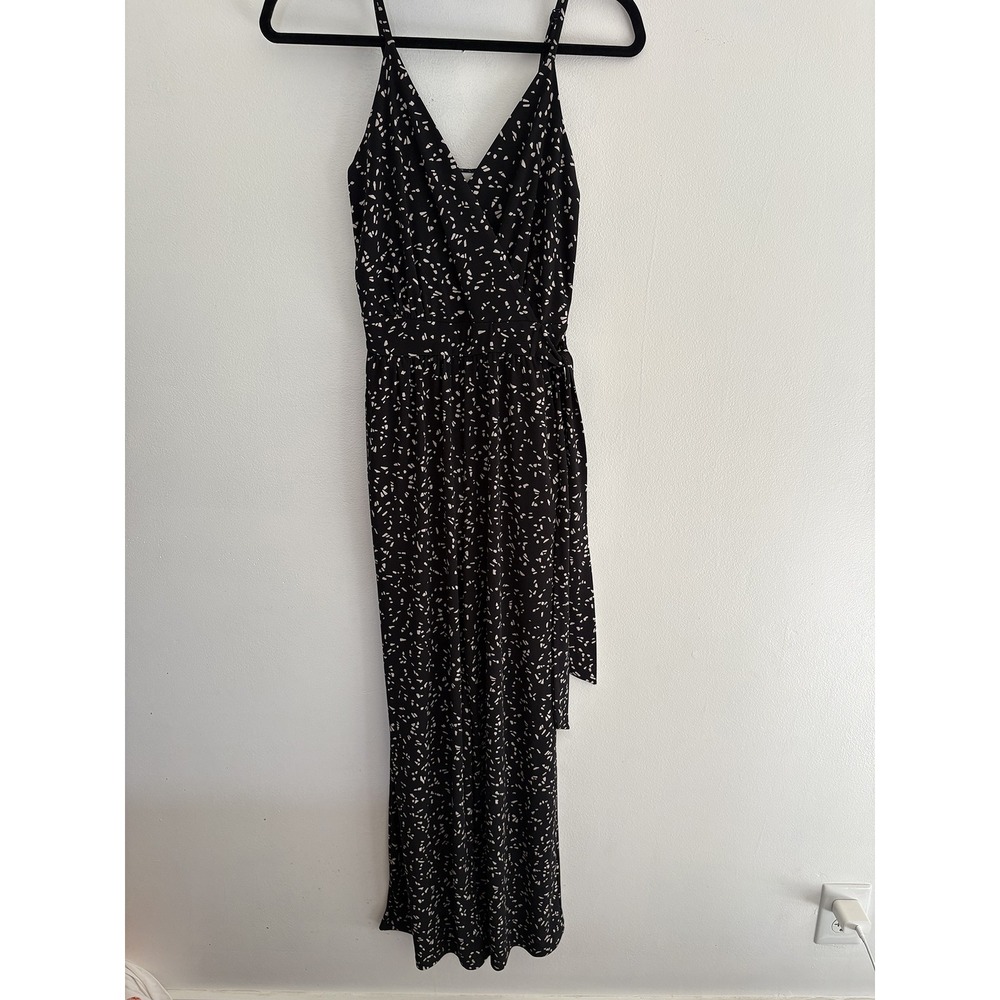 Kaileigh Black White Speckled V-Neck Wide Leg Jumpsuit with Pockets XS Petite